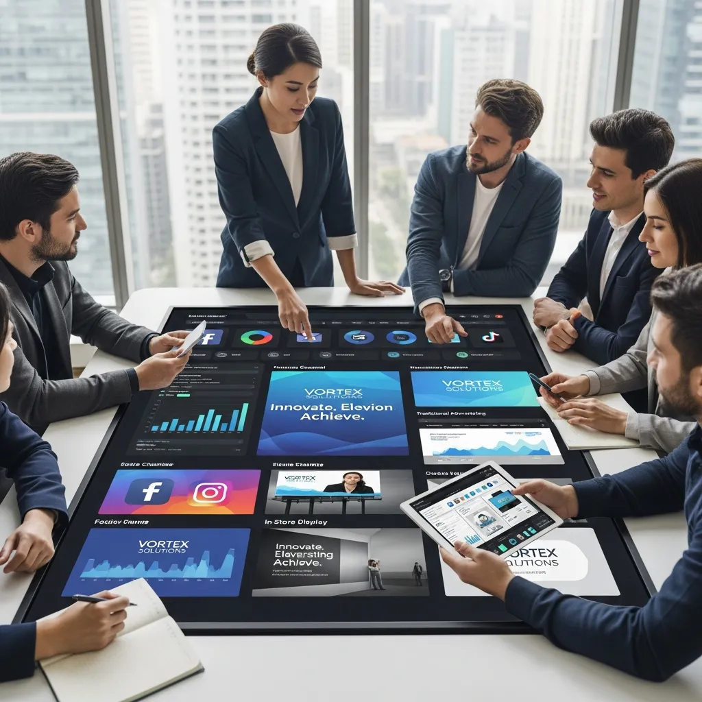 Infographic illustrating implementing your brand positioning strategy across channels, featuring consistent messaging across social media, website, email, advertising, mobile apps, customer service, and unified brand identity visuals.