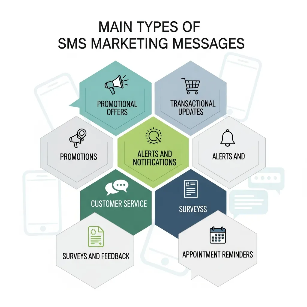 Main types of SMS marketing messages including promotional, transactional, and alerts