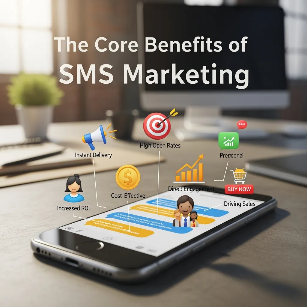Core benefits of SMS marketing showing high open rates and instant customer reach