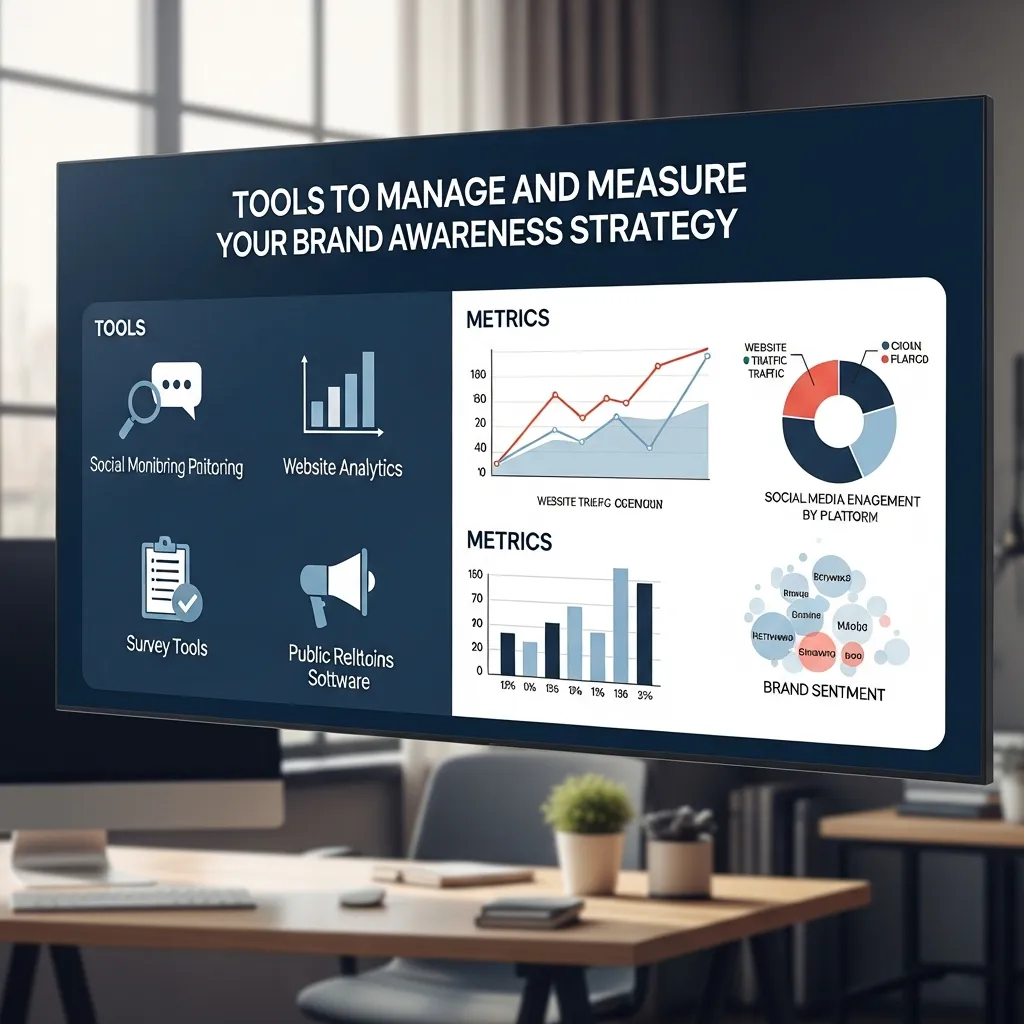 Modern marketing infographic illustrating tools to manage and measure a brand awareness strategy, featuring analytics dashboards, social media monitoring tools, SEO tracking platforms, survey feedback systems, KPI charts, and performance measurement visuals in a clean professional business design.