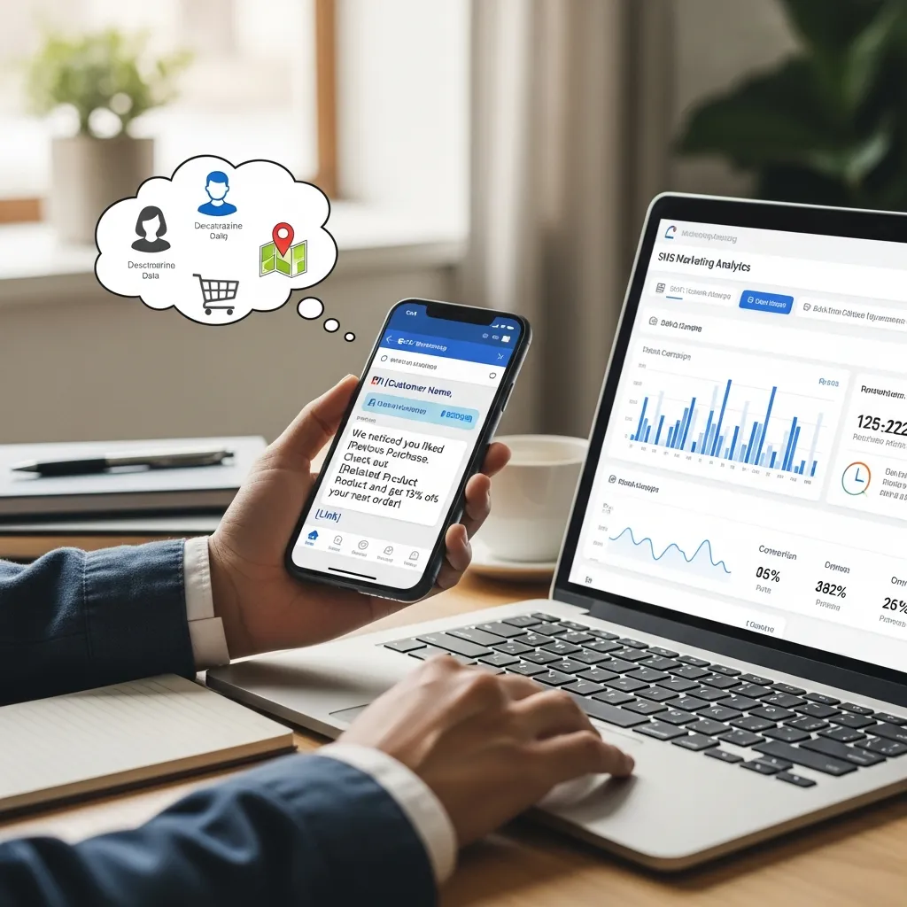 Smartphone displaying a basic SMS marketing message with promotional offer and call-to-action