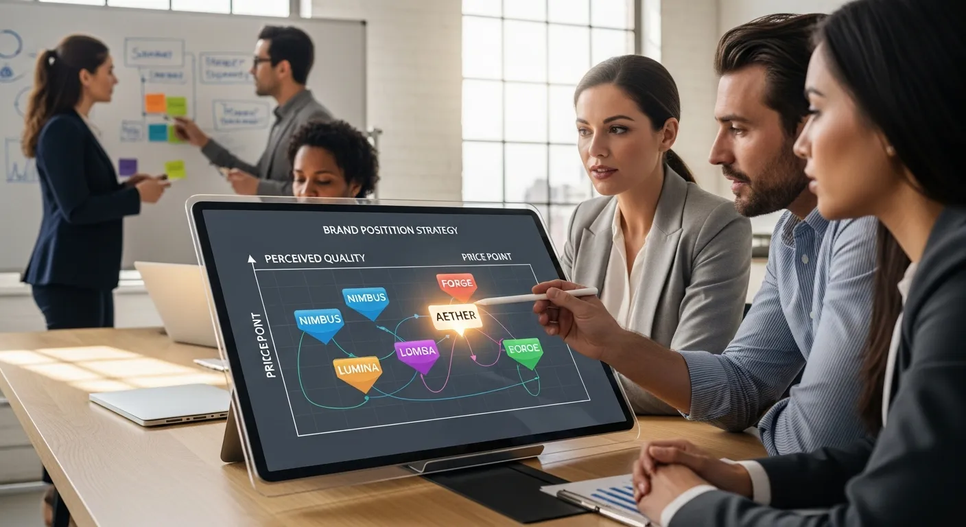 Alt text: Professional marketing infographic explaining brand positioning strategy, featuring target audience analysis, competitive differentiation, value proposition, market perception, customer loyalty, messaging consistency, and strategic growth elements.