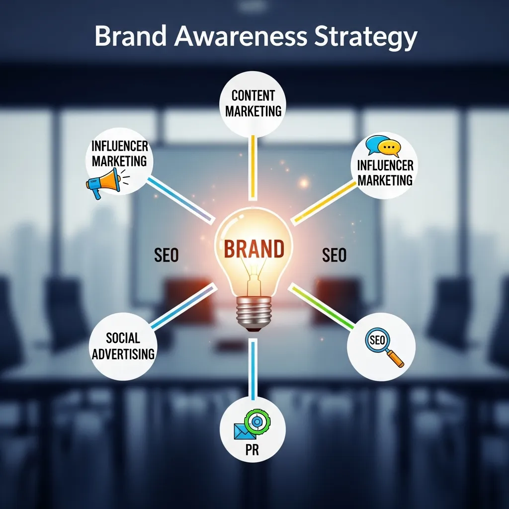 Modern marketing infographic illustrating the core of a brand awareness strategy, featuring logo visibility, social media reach, audience engagement, multi-channel advertising, customer recognition, growth analytics, and connected branding elements in a clean professional business design.