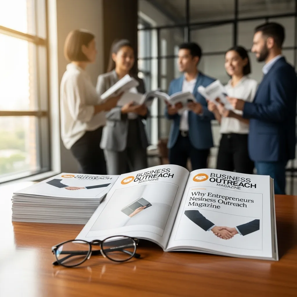 Startup founder analyzing business outreach magazine for networking and promotion ideas