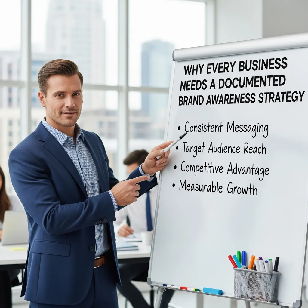 Professional business infographic showing why every business needs a documented brand awareness strategy, featuring strategic planning documents, brand consistency, audience reach, marketing channels, team alignment, measurable goals, growth charts, and clean modern branding visuals.