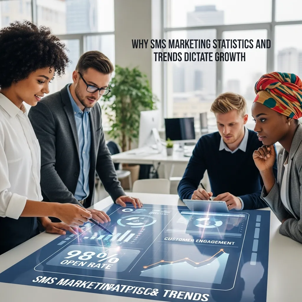 Graph showing SMS marketing statistics with rising open rates and business growth trends