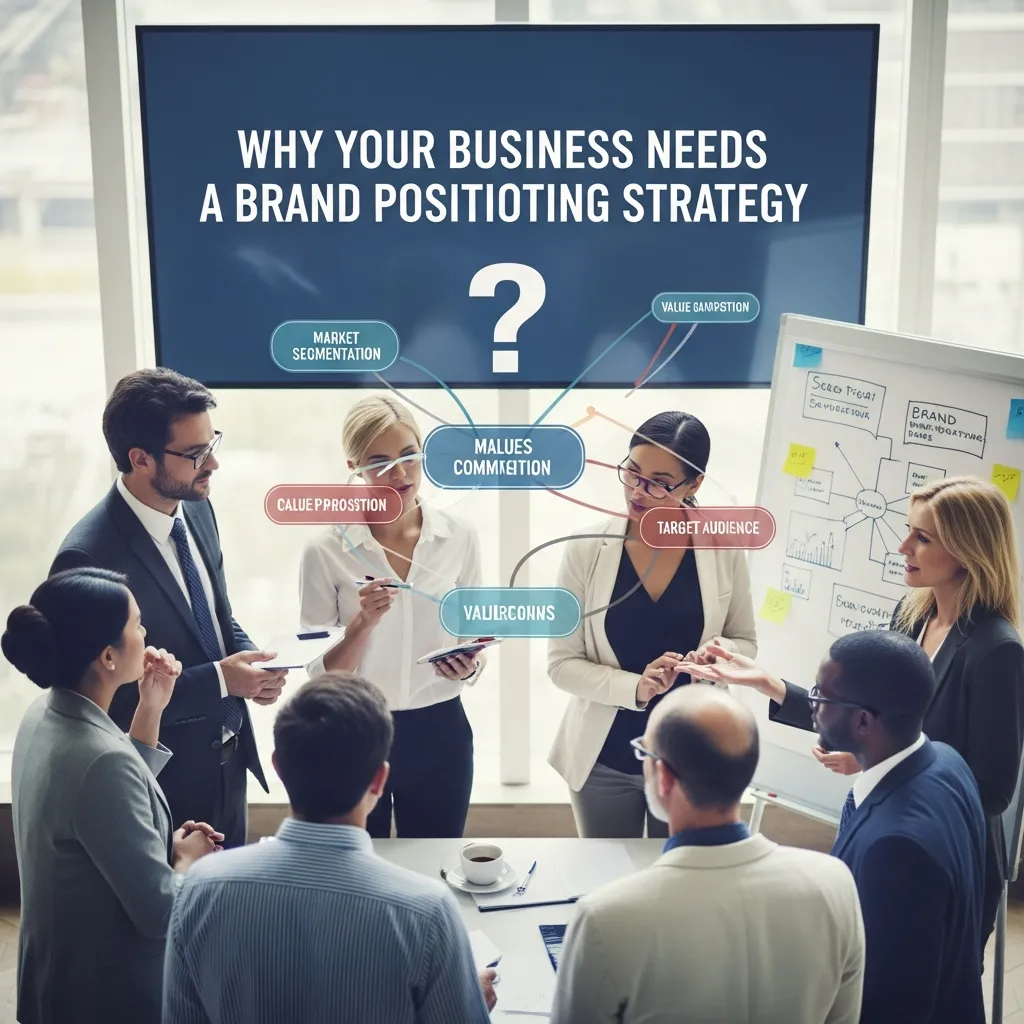 Infographic showing why your business needs a brand positioning strategy, featuring market differentiation, stronger customer loyalty, clear messaging, competitive advantage, audience targeting, brand growth, and increased business recognition visuals.