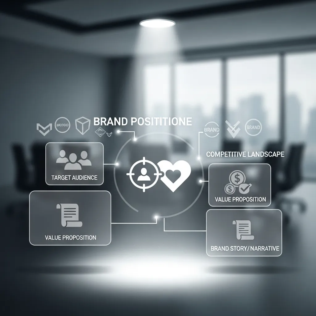 Infographic illustrating the core of a brand positioning strategy with target audience analysis, unique value proposition, competitor comparison, market differentiation, brand messaging, customer perception, and strong market presence visuals.