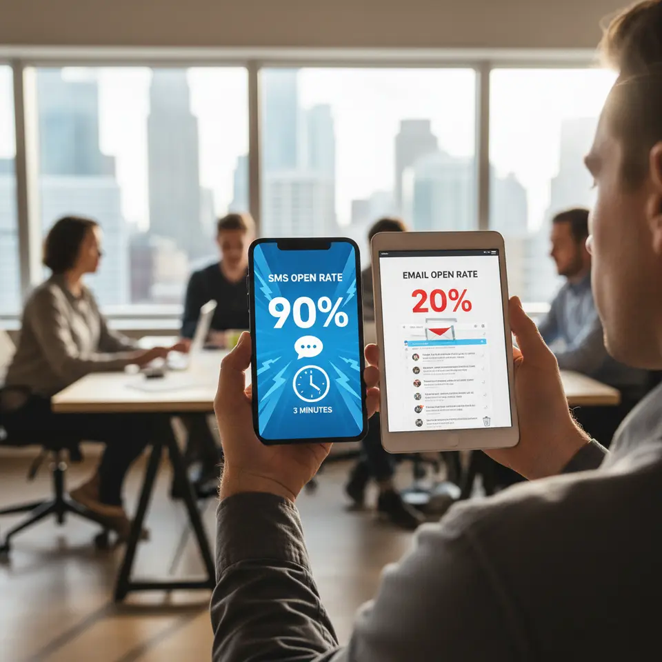 An eye-catching infographic showing the power of SMS versus email: a smartphone screen lighting up with a 90% open rate stat and a three‐minute clock icon on one side, contrasted against a cluttered email inbox with a 20% open rate on the other. Include bold percentages, a lightning motif or speed lines to emphasize immediacy, and simple icons for text and email.