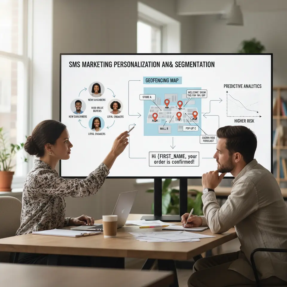 A visual diagram of personalization and segmentation techniques in SMS marketing: customer avatars grouped into clusters (e.g., new subscribers, high-value buyers), a geofencing map with location pins triggering store-visit messages, dynamic merge fields inserting names into texts, and a small predictive analytics chart forecasting churn—all connected by arrows to illustrate the workflow.