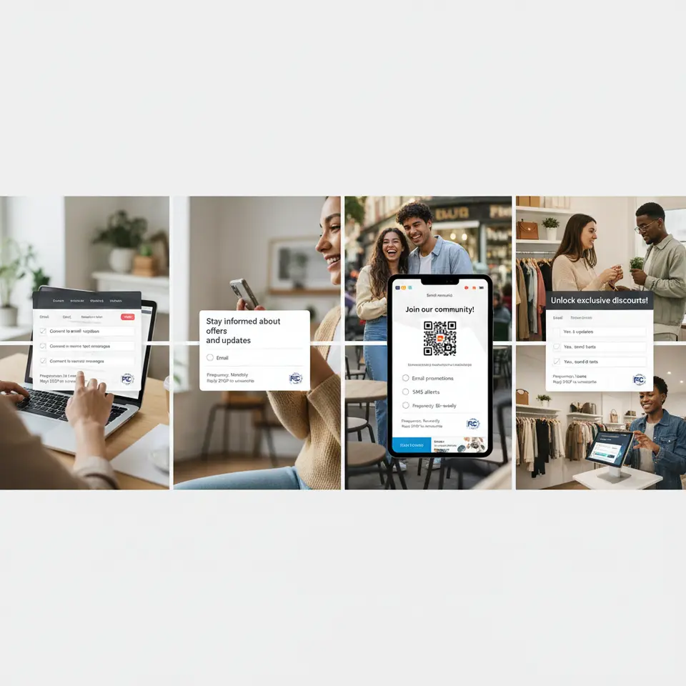A multi-channel subscriber opt-in infographic: split into four panels showing a website pop-up form, an e-commerce checkout signup box, a social media promotion, and an in-store display—each with clear ‘Consent’ checkboxes, brief frequency disclosures, a ‘Reply STOP to unsubscribe’ note, and a compliance badge (e.g., FCC logo) to emphasize ethical opt-in practices.