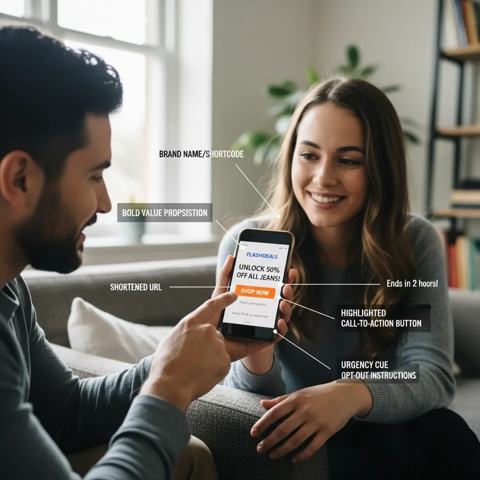 Smartphone screen mockup displaying a single SMS conversation bubble, with callouts labeling each design element: a brand name or shortcode at the top, a bold value proposition in the first line, a highlighted call-to-action button (e.g. “Shop Now”), a shortened URL link, an urgency cue like “Ends in 2 hours,” and fine-print opt-out instructions (“Reply STOP”).